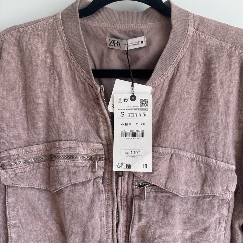 NWT Zara Greta Linen Bomber Jacket - size small - mauve/light pink - Picture 8 of 14